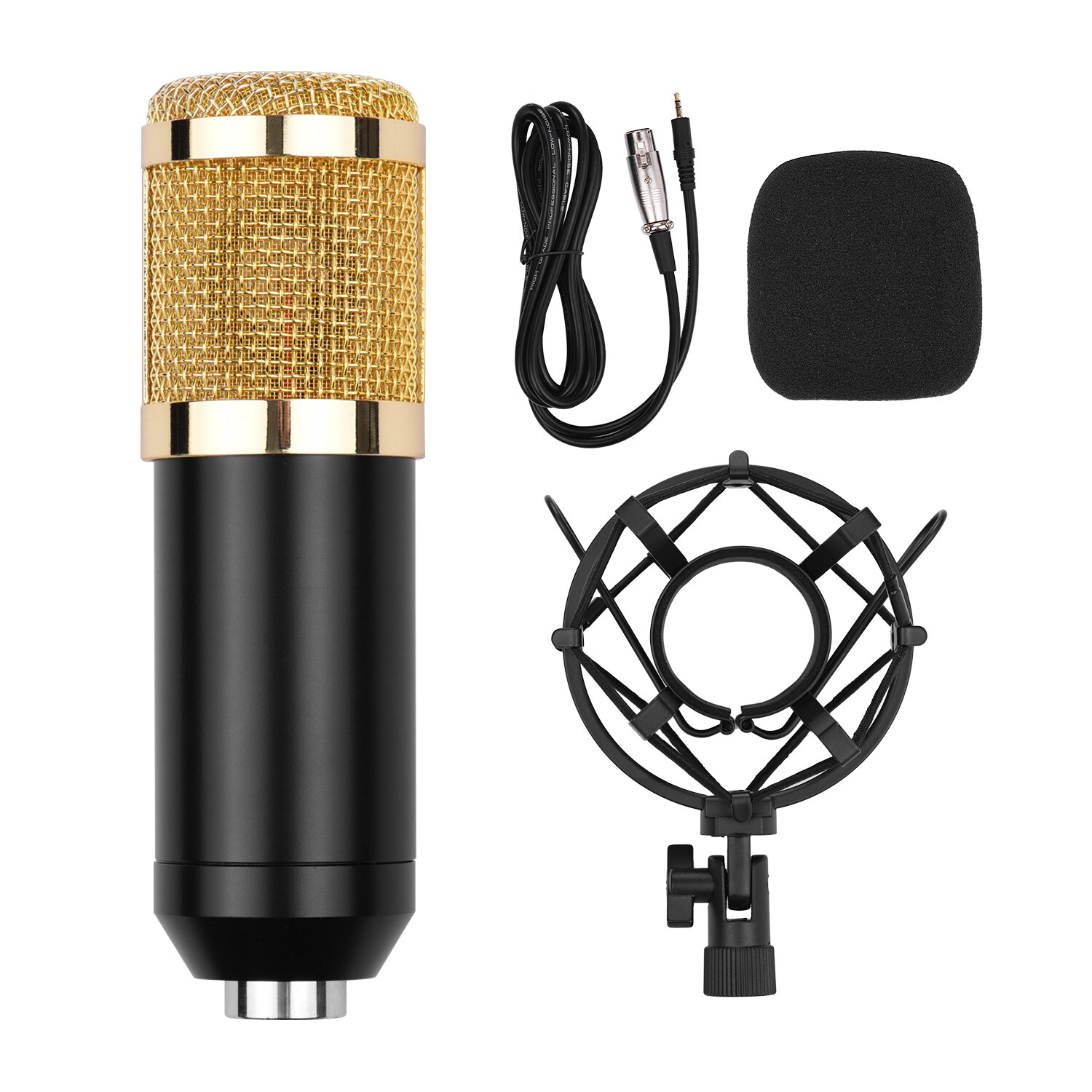 Cardioid Condenser Microphone Kit with Audio Cable Metal Shockproof Clamp High Sensitivity Low Noise Mic: Gold Black