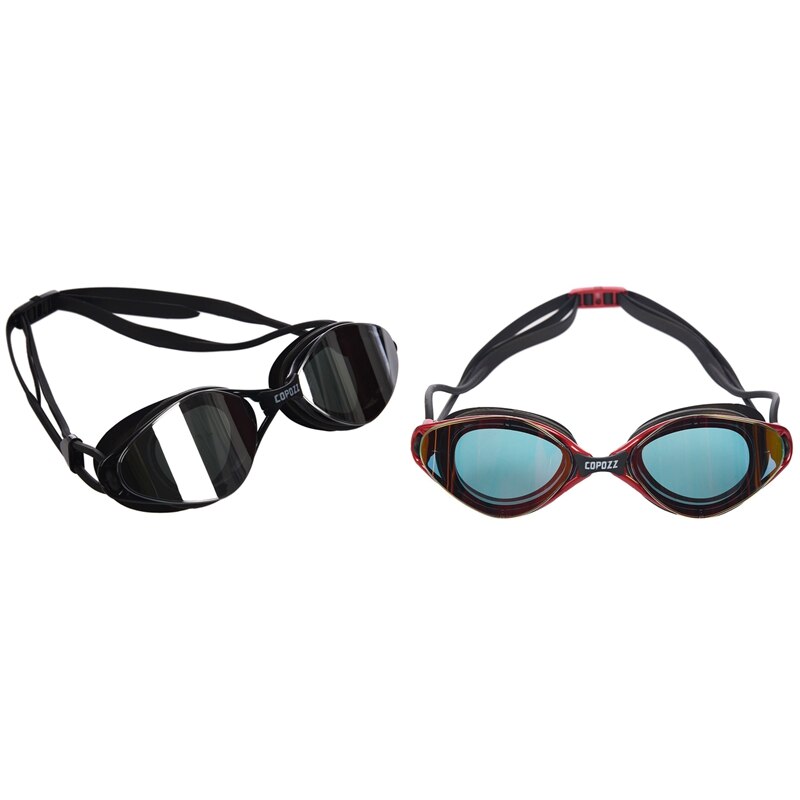 2 Pcs Copozz Plating Mirrored Zwemmen Waterdichte Bril Voor Volwassenen Sport Anti Uv Fog Bescherming Zwembril, black & Red