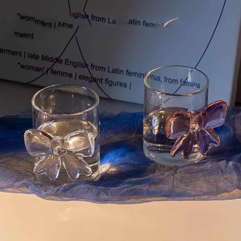 Verre à grand nœud rose, tasse en verre, poignée à nœud, lunettes résistantes à la chaleur, bol de crème glacée à Dessert à haute teneur en Borosilicate, de fête