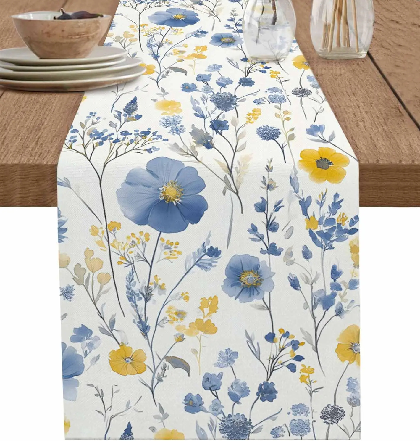 Bohemisk vårblomma vintage akvarell blå och gul blomma blad bordslöpare festdekoration bordslöpare sminkbord: 30*180cm / Lila