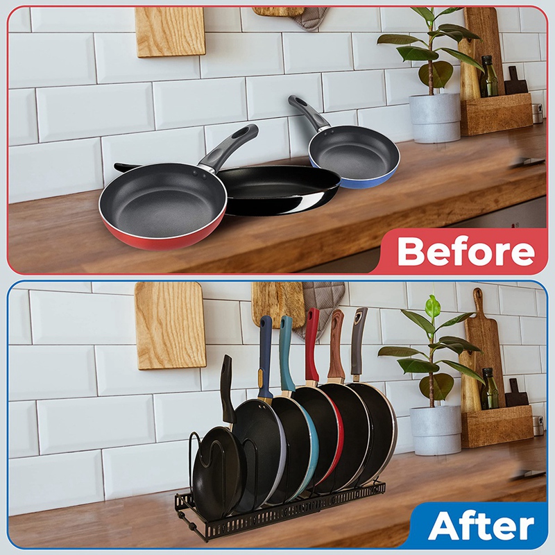 Expandable Pan Rack Organizer,Kitchen Cookware Pantry Cabinet Storage Rack With 7 Expandable And Adjustable Compartments