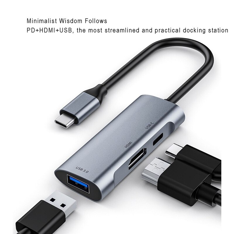 USB C HUB Type-C Docking Station 3 in 1 4K HDMI PD 60W USB 3.0