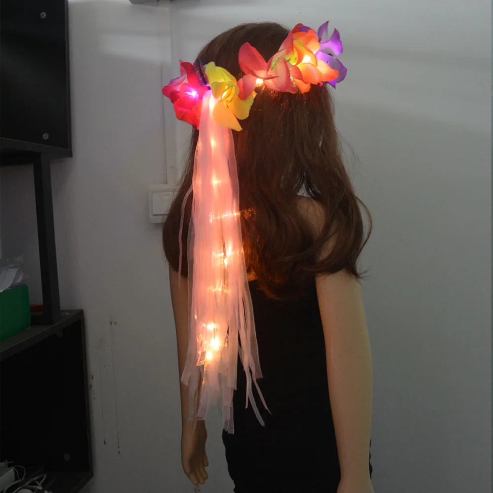 Women Girl Glow Party LED Hawaiian Lei Headband Light Up Flower Ribbon Crown Birthday Wedding Festival: Light Grey