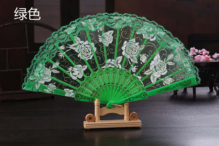 Auviderin Spaanse Kant Rose Gevouwen Handheld Dance Fans Bloem Voor Partij Decoratie: green