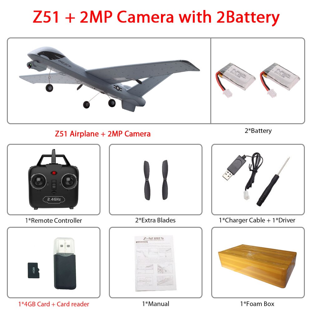 RC Airplane Plane Z51 with 2MP HD Camera or No Camera 20 Minutes Fligt Time Gliders With LED Hand Throwing Wingspan Foam Plane