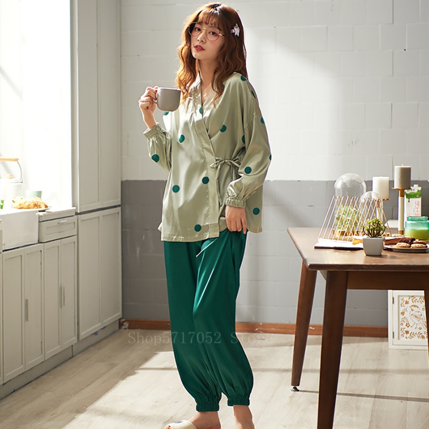 Sommer japansk stil elastisk kimono top bukser sæt kvinder piger satin silke print bomuld yukata langærmet traditionel pyjamas