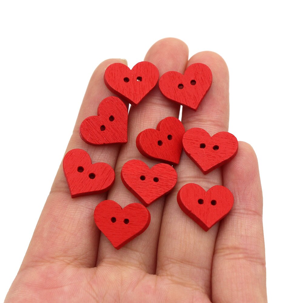 50Pcs Red Heart Decorative Button 2-Holes Wooden Buttons for Clothing Love Craft Supplies DIY Bags Sewing and Needlework 15x13mm