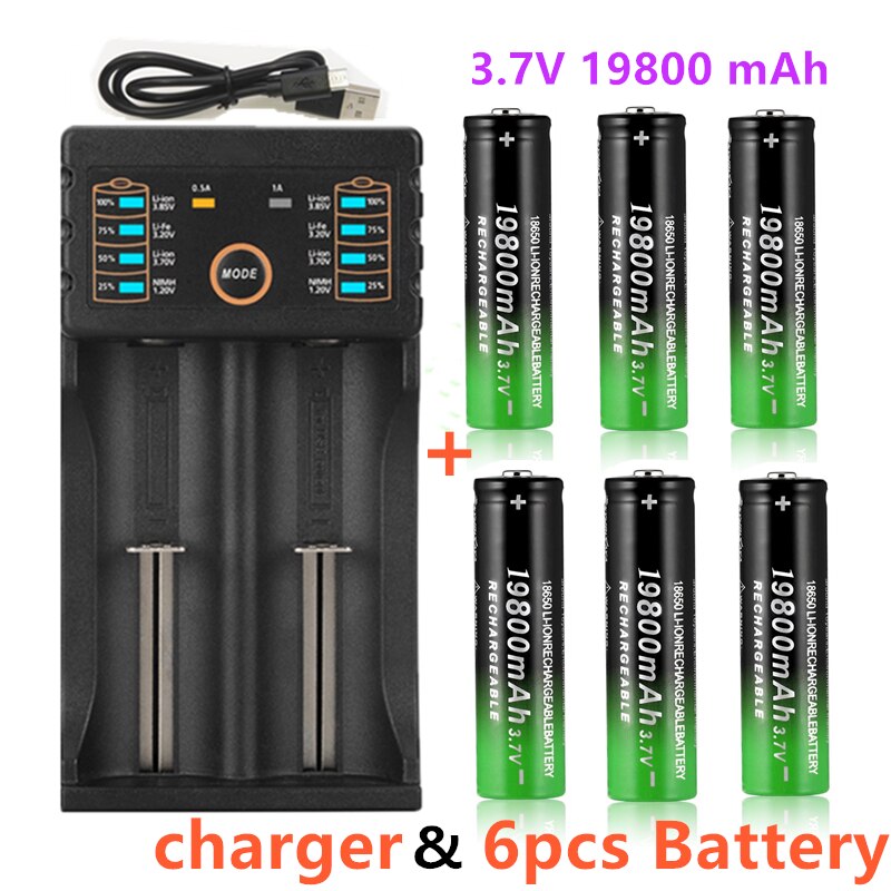 100% 18650 Lithium Batteries Flashlight 18650 Rechargeable-Battery 3.7V 19800 Mah for Flashlight + USB charger