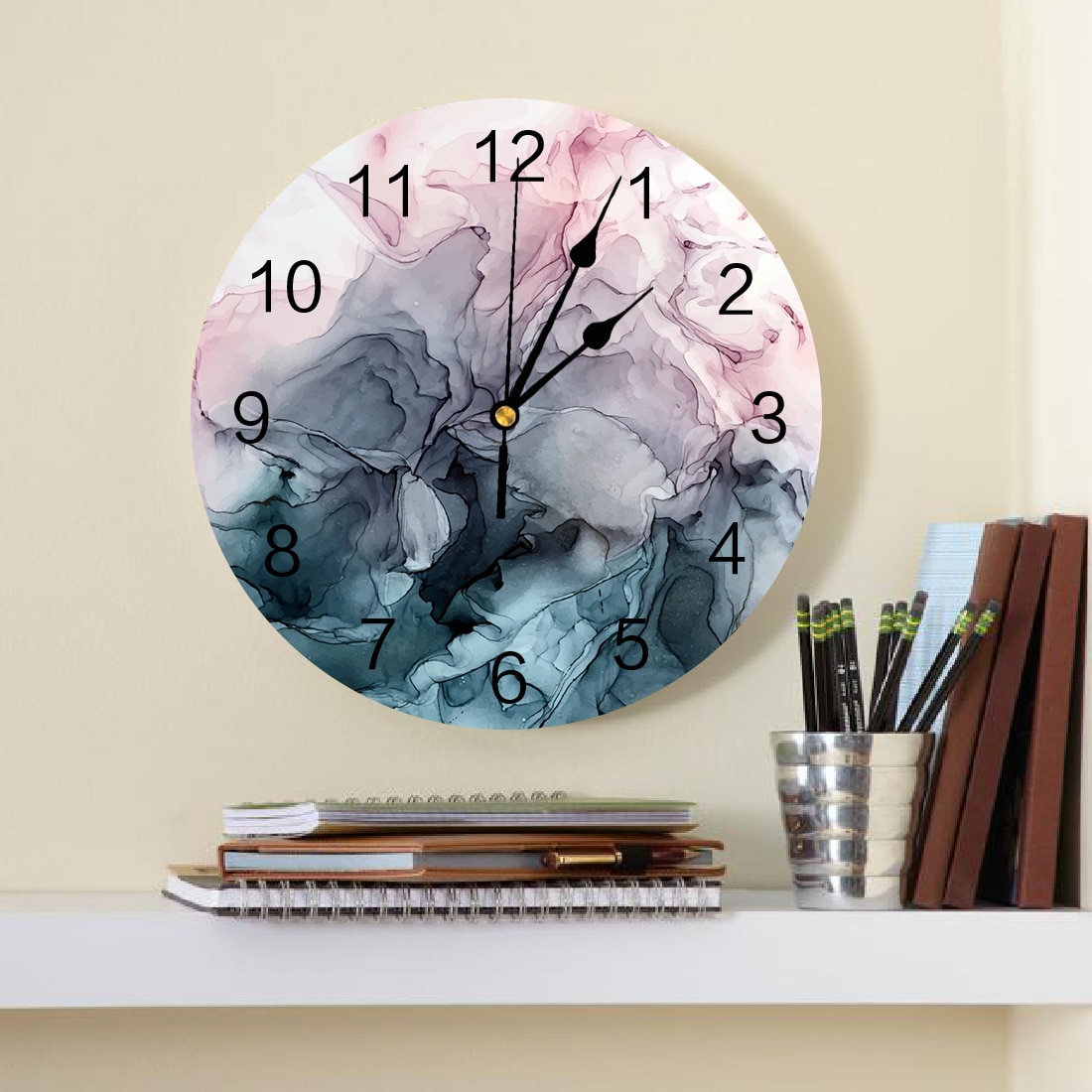 Blush and Payne's Grey Flowing Abstract Painting Wall Clock Home Decor Bedroom Silent Oclock Watch Wall Digital Clock