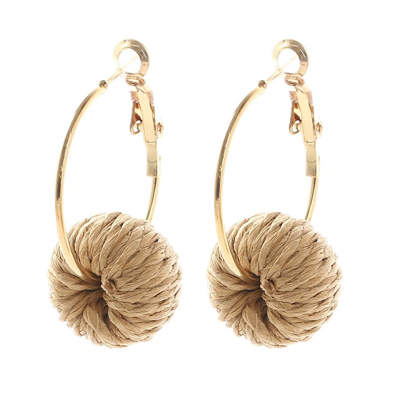 Simple Female Trendy Woven Vine Rattan Straw Earrings For Women Bohemian Boho Metal Round Circle Dangle Earring Jewelry: E0385-1