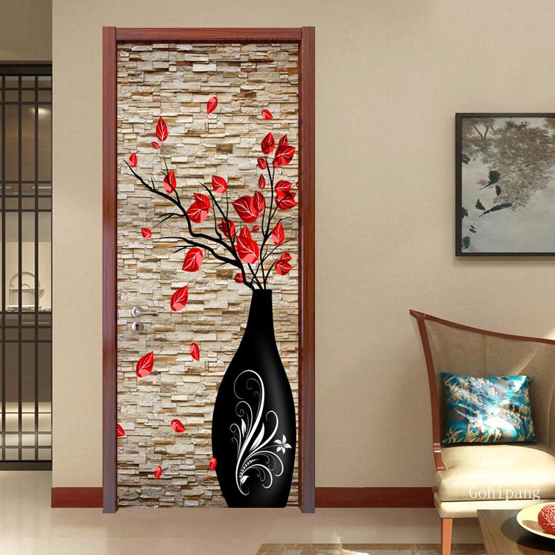 3D en relief Vase fleurs maison porte autocollant décoration Style chinois papier peint salon étude vinyle porte murale porte autocollant: 95x215cm