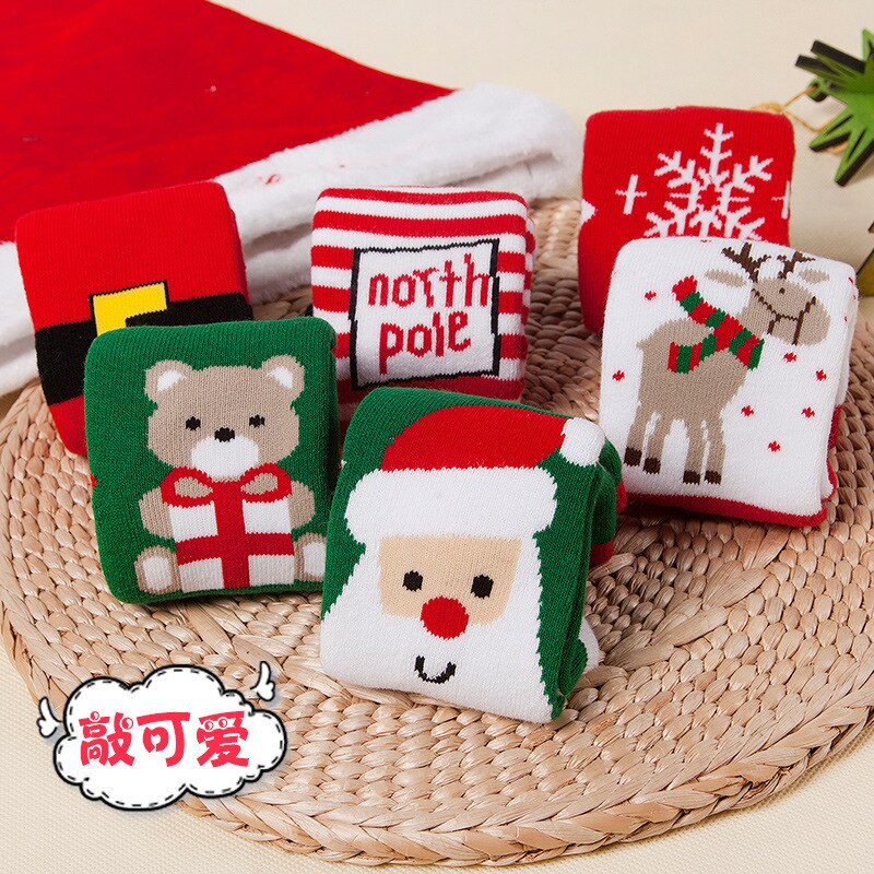 6 paar herfst- en winterkinderkerstsokken, dikke warme tube terry cartoon babysokken