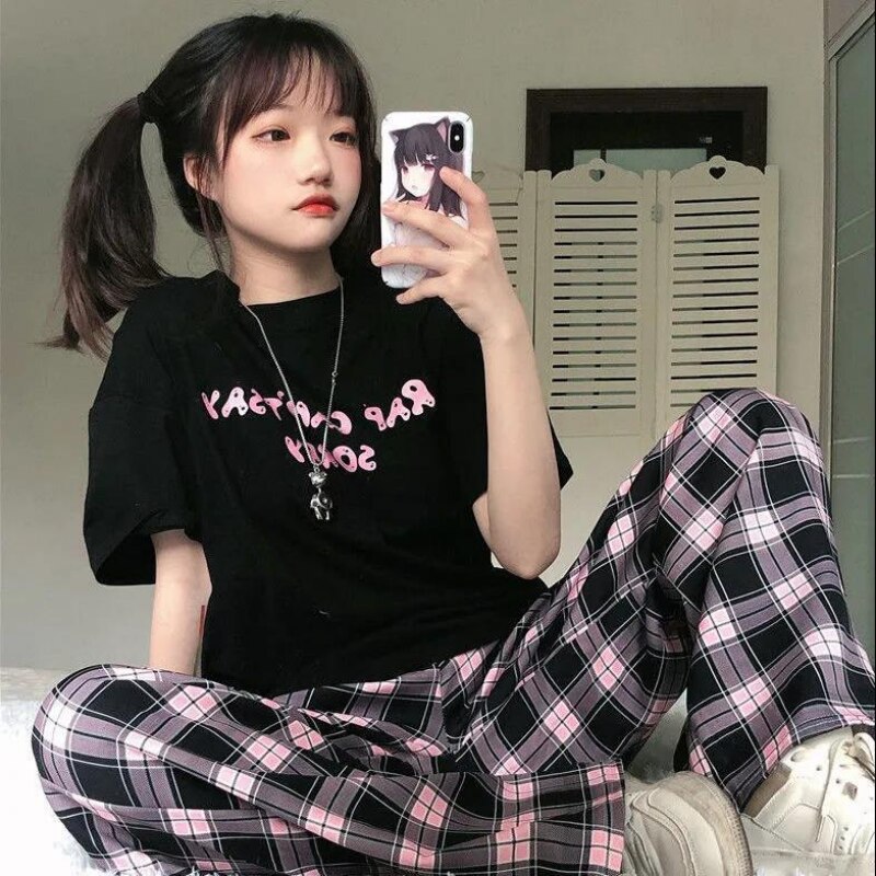 Pantalones a cuadros negros y rosas de gran tamaño para mujer, pantalón informal holgado de pierna ancha, Pantalones rectos Retro para adolescentes, ropa de calle de hip hop
