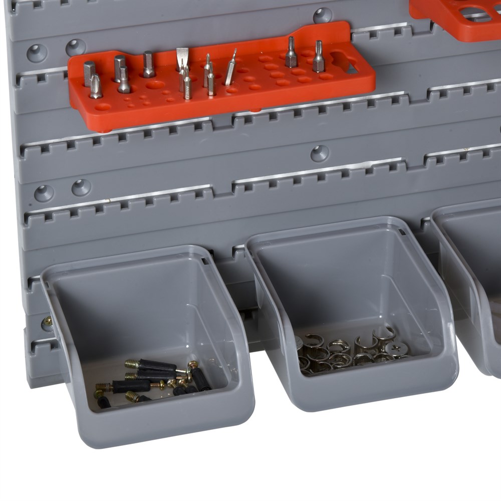 DURHAND Panel organizador de herramientas Estanterías de Almacenaje con 28 Cajas Apilables y Diferentes Gancho Gris y Rojo