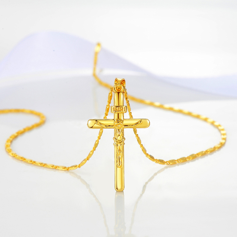 Collier couleur or 24 carats, pendentif croix, pour femmes/hommes, collier de Couple, bijoux