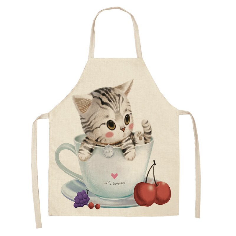 Keukenschort voor vrouwen, schattige cartoon kat bedrukt, mouwloze katoenen linnen schorten voor koken, schoonmaakgereedschap 53*65cm: B