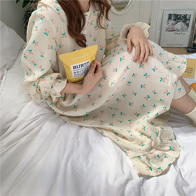 Vrouwen Nachthemd Koreaanse Stijl Lange Mouw Losse Pop Kraag Cherry Thuis Kleren Meisje Nachtkleding