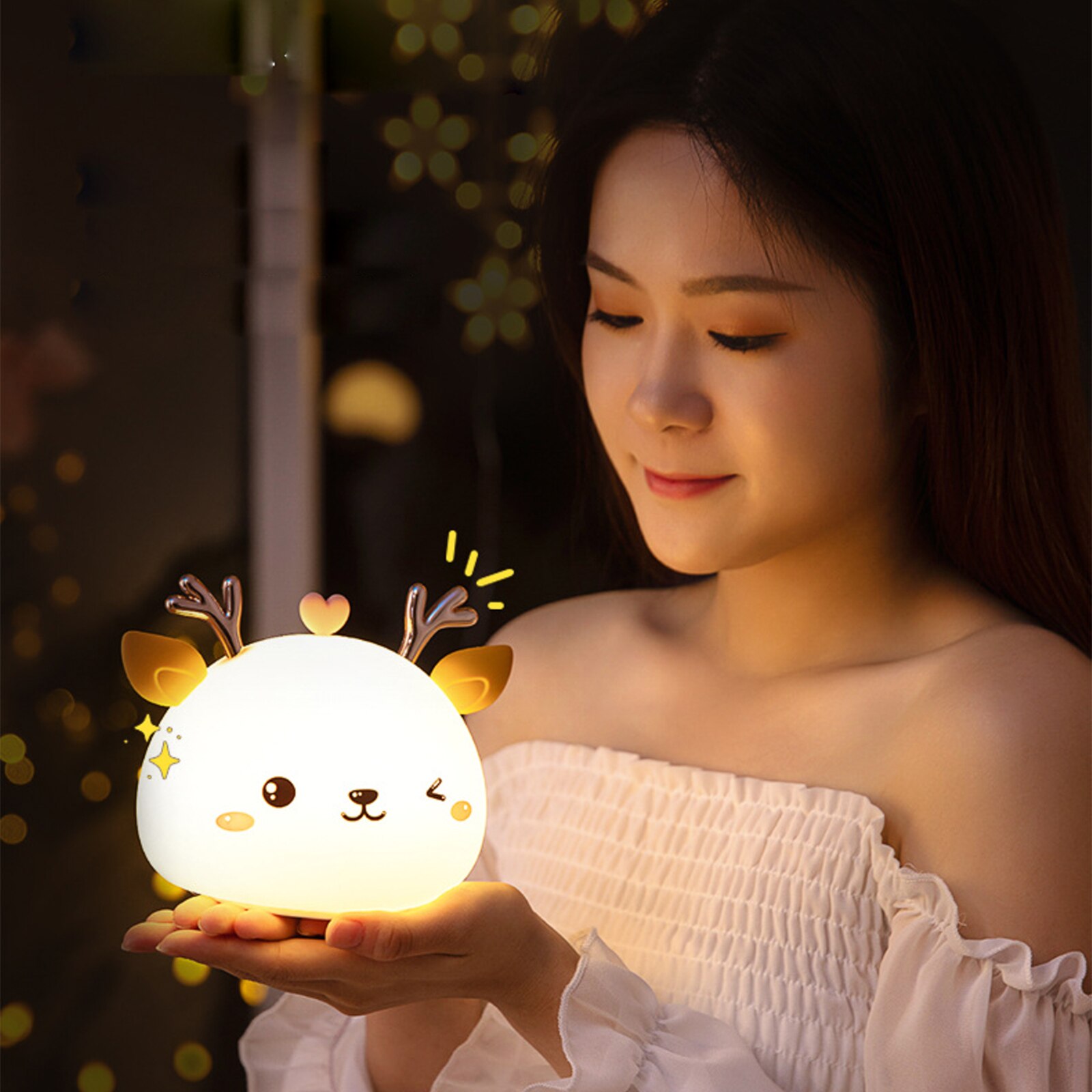 Niedliches LED-nachtlicht mit silikon-touchsensor, 7 farben, hirschmotiv, nachtlampe für kinderzimmer, babyzimmer, schreibtischdekoration, akku, usb-ladefunktion