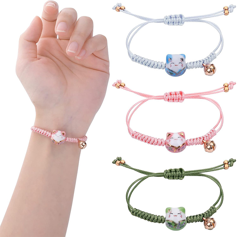 3 Stuks Kat Maneki Neko Armband Schattige Lucky Cat Keramische Kralen Armband Fortune String Bedelarmbanden Met Bel Verstelbaar