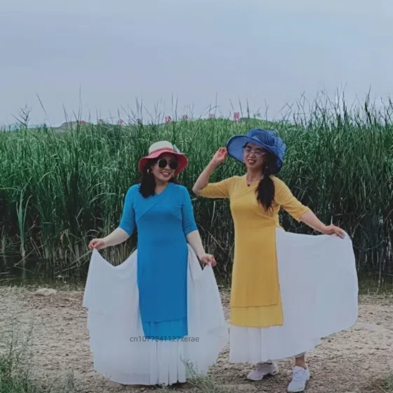Chinese Style Modern Dance Practice Hanfu Medium Long Women's Classical Ethnic Double Layered Slit Gauze Clothes