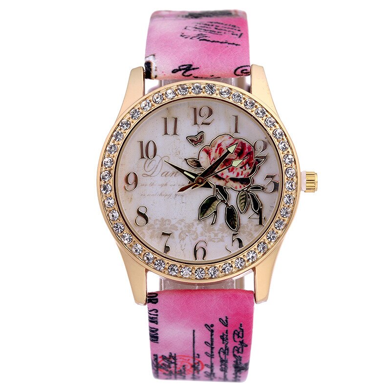 Dames Horloge Met Diamanten Bezaaid Goud Shell Riem Decoratie Mode Trend Rose Bloemenprint Strap Dames Horloge: 06