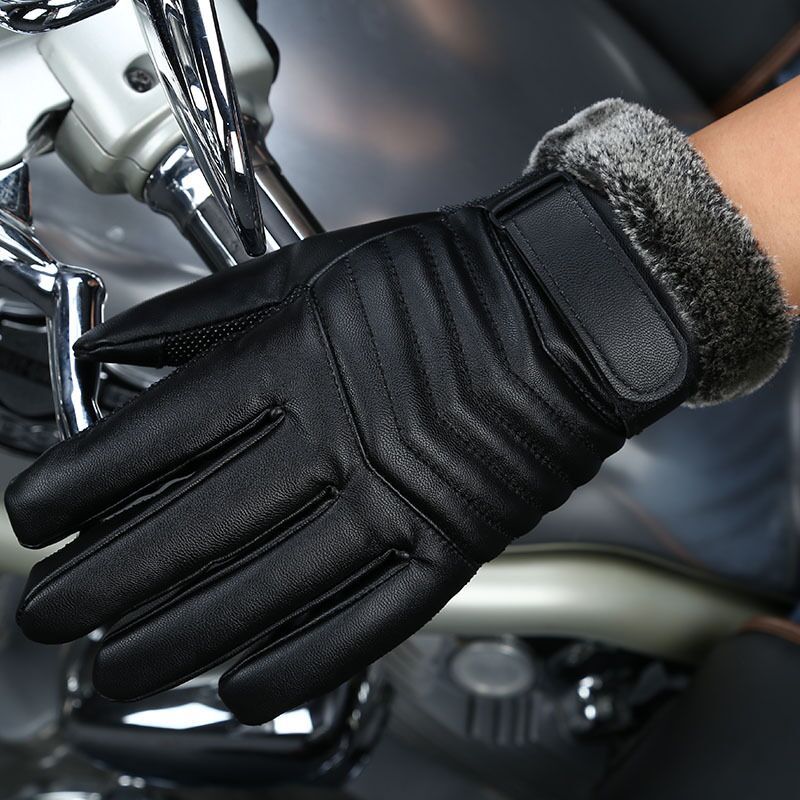 Winter Pu Leer Mannen Handschoenen Fietsen Rijden Winddicht Handschoenen Touch Screen Plus Fluwelen Warme Wanten Zwart Antislip Handschoenen