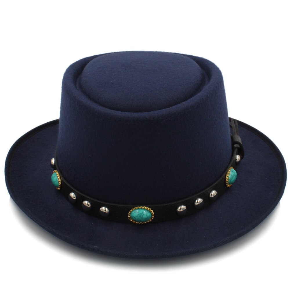 Chapeau plat en laine pour homme, chapeau Fedora, pour homme, papa, joueur, fascinateur, Trilby, église, taille 58cm: Dark Blue
