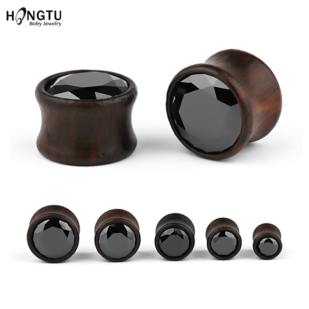 HONGTU 2Pcs Wood Inlaied Zircon Flesh Tunnels 8-16mm Wooden Ear Plugs and Tunnels Punk Body Piercing Jewelry Men Women Expanders