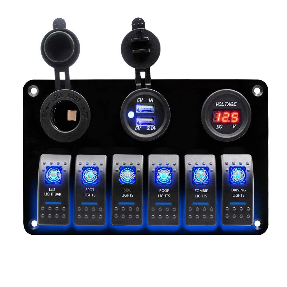 5 Gang Switch Panel Dual USB Wiring Kits DC12V~24V Power Socket Marine Boat Car Switch Panel: 6 Gang Blue LED