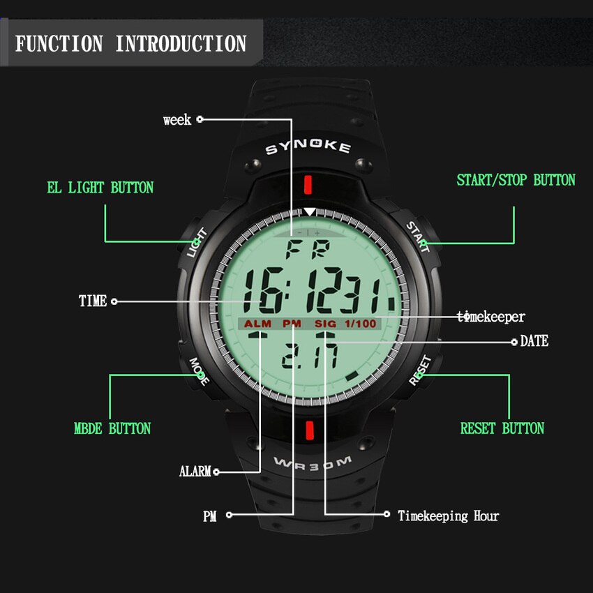 Synoke klockor herr 30m vattentät elektronisk led digital klocka herr utomhus herr sport armbandsur stoppur relojes hombre