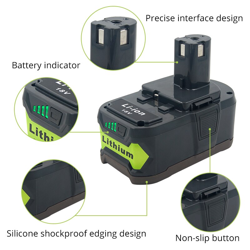 Replacement for Ryobi One+ 18V Li ion Rechargeable Battery 5.0Ah/6.0Ah P108 RB18L50 RB18L40 RB18L25 with LED Indicator for Tools
