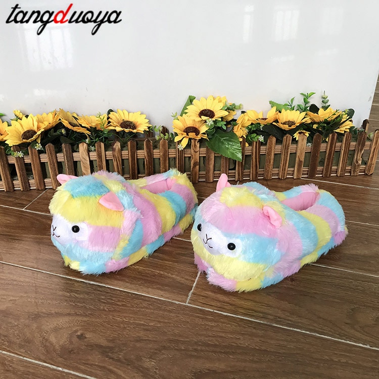 Schattige cartoon alpaca's dames winter huis pantoffels warme pluche binnenschoenen antislip flats huis vloer schoenen voor dames