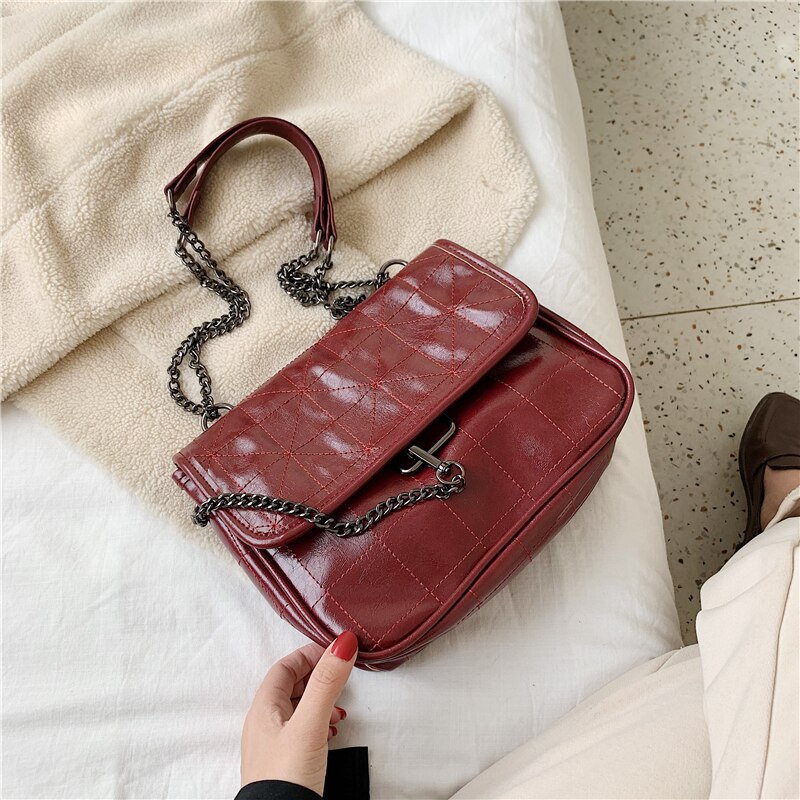 Sac à main Vintage pour femme, fourre-tout de bonne en cuir PU, sacoche à épaule avec chaîne,: Bourgogne