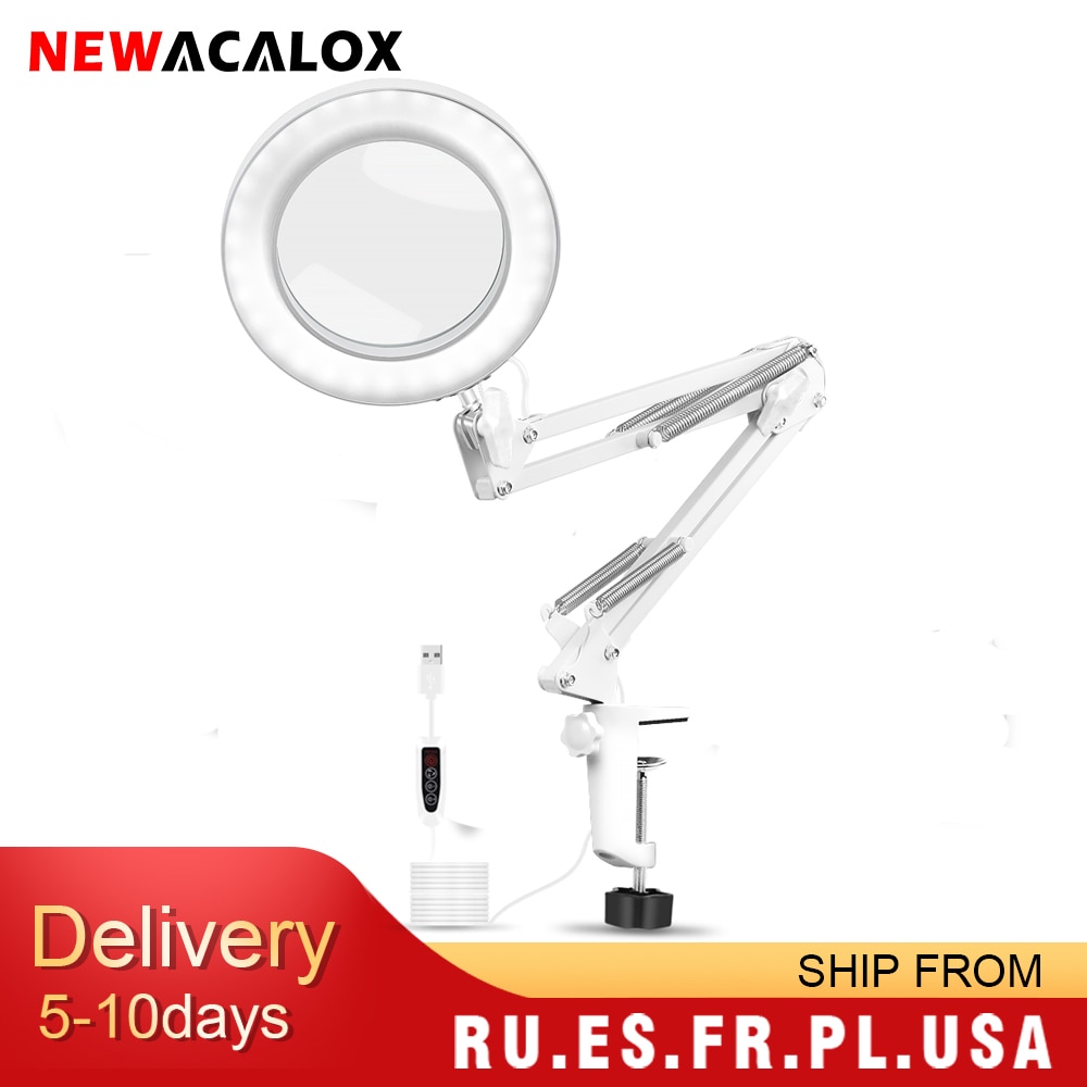 NEWACALOX Table Clamp USB 5X Folding Magnifier Soldering Third Hand Tool Desk Lamp 3 Colors LED Illuminated Magnifying Glass