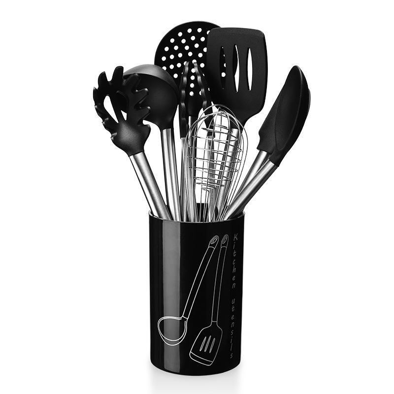 9Pcs Silicone Cooking Utensils Set Stainless Steel Handle Kitchen Utensil Set with Storage Box Serving Spatula Spoon Tongs Whisk: 9Pcs