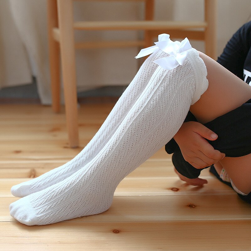 Children&#39;s summer stockings mesh over knee thin breathable cotton baby bow knot Princess socks, loose mouth high tube socks: White Bow long socks