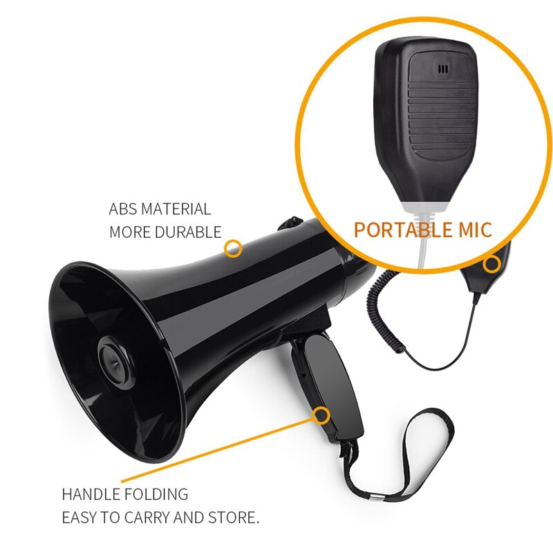Power Portable 35W Bullhorn Megaphone Speaker with Built-in Siren USB Flash Drive 240S Recording Black