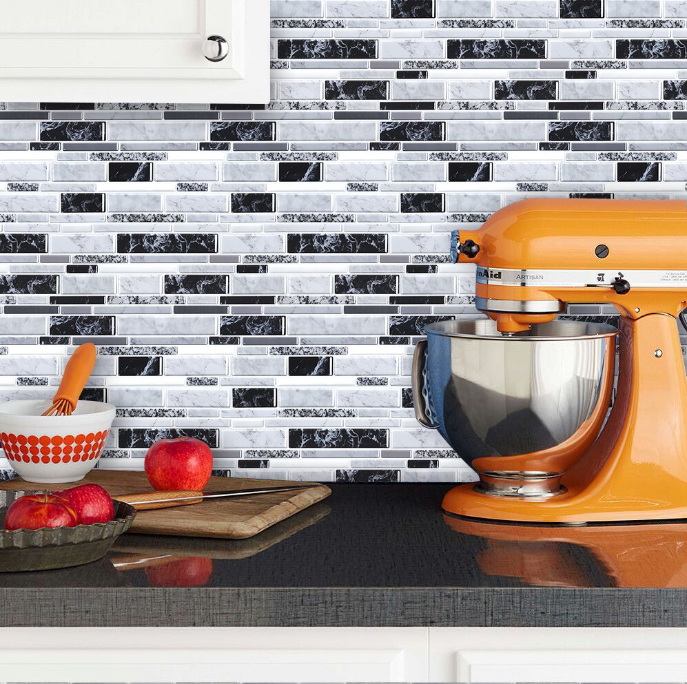 Easytiles 12 " x12 " zelfklevende tegels wit zwart marmer 3d behang anti-schimmel plak op achterwand tegel voor keuken  - 1 vellen