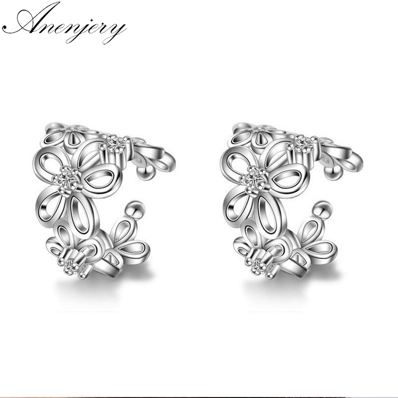 Anenjery Silver Color Earrings Rose Flower Ear clip Earrings For Women oorbellen brincos pendientes S-E398