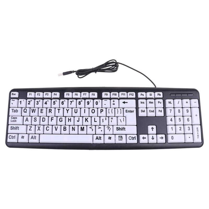 Usb kabelanslutet datorspel gaming tangentbord hög kontrast stora tryck vita tangenter svart brev för gamla människor äldre män  u4ld