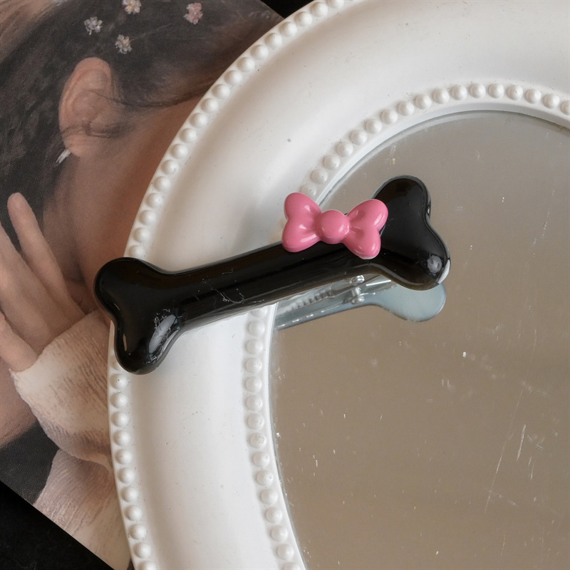 Pinzas para el pelo con forma de hueso de perro con lazo rosa Kawaii, horquilla de hueso Popular en blanco y negro, accesorios de pasadores de pico de pato encantadores para niñas: YELLOW