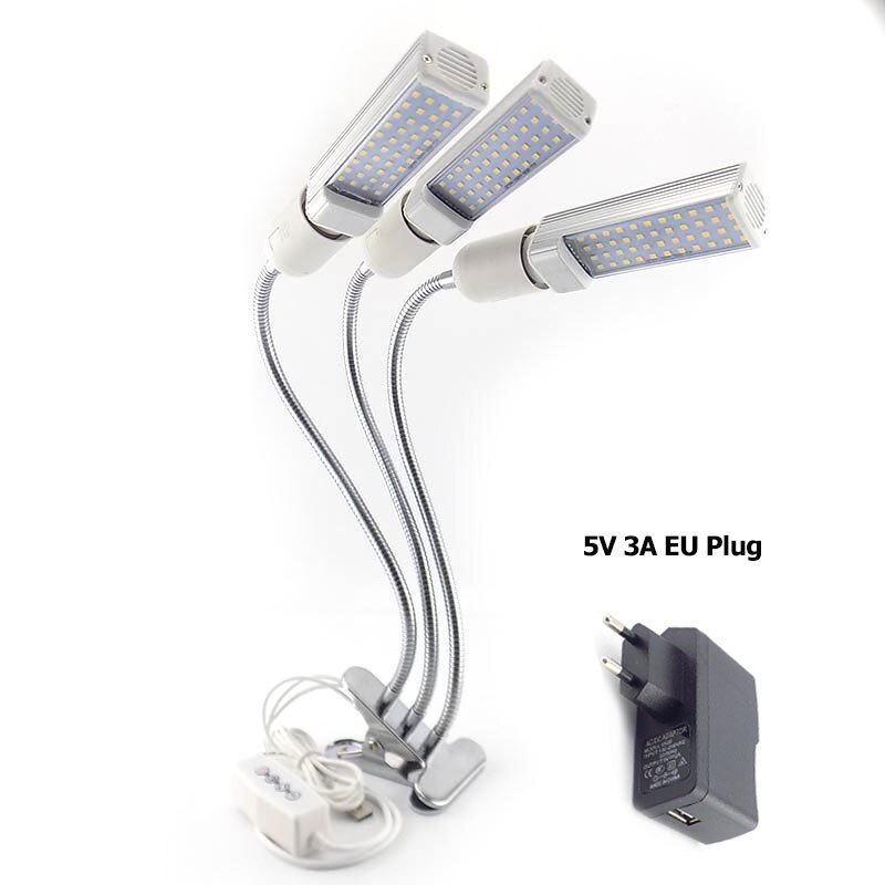 Fullt spekter 3 hode led vokse lys vekst fyto lampe voksende lys innendørs planter frø drivhus voksende usb timer klipp rom: 3 pærer 3 hoder eu