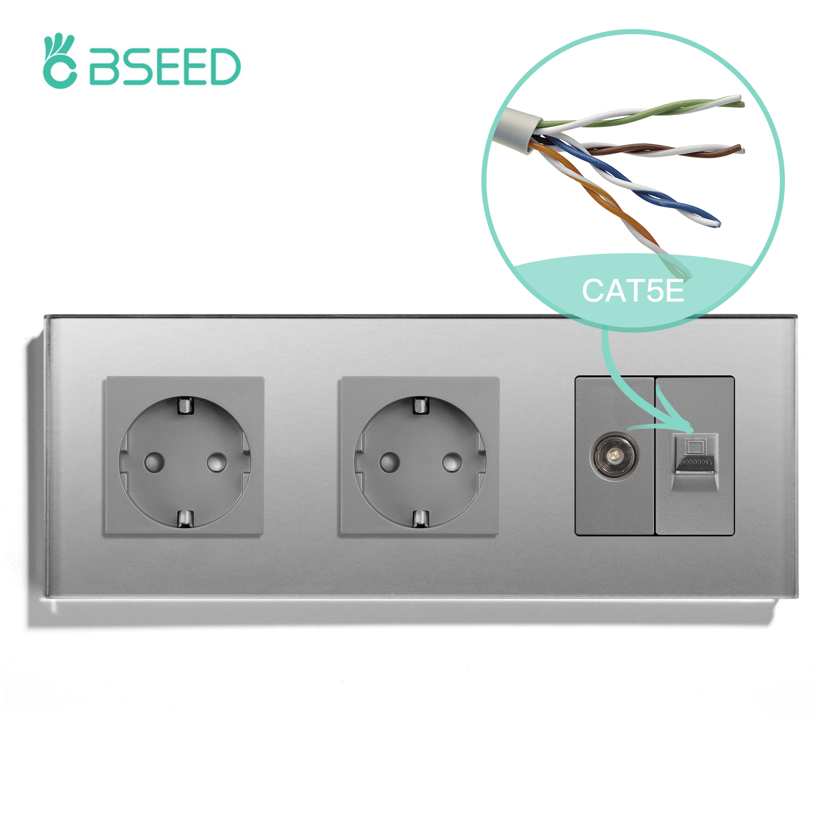 BSEED TV CAT5 With EU Socket Double Wall Sockets TV Internet RJ45 PC Connections Type-c USB Electric Sockets Glass Frame: TYPE3