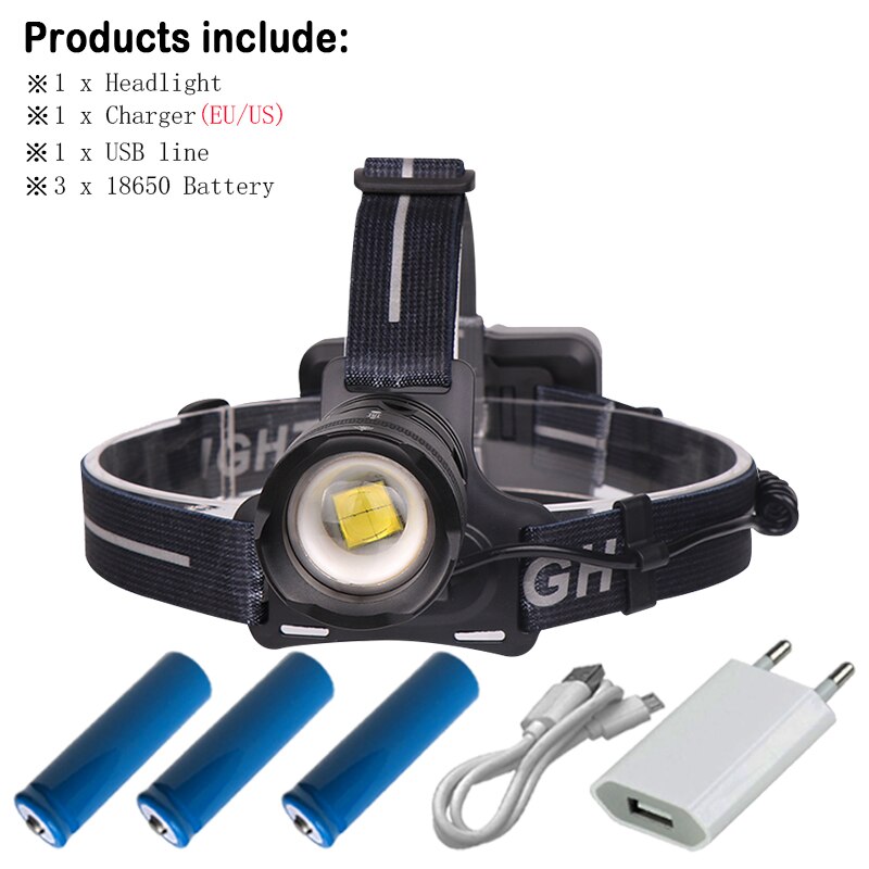 powerful Led head lamp xhp70 rechargeable led headlamp xhp 50 cob t6 head torch flashlight 18650 battery waterproof headlight: DHT310B1