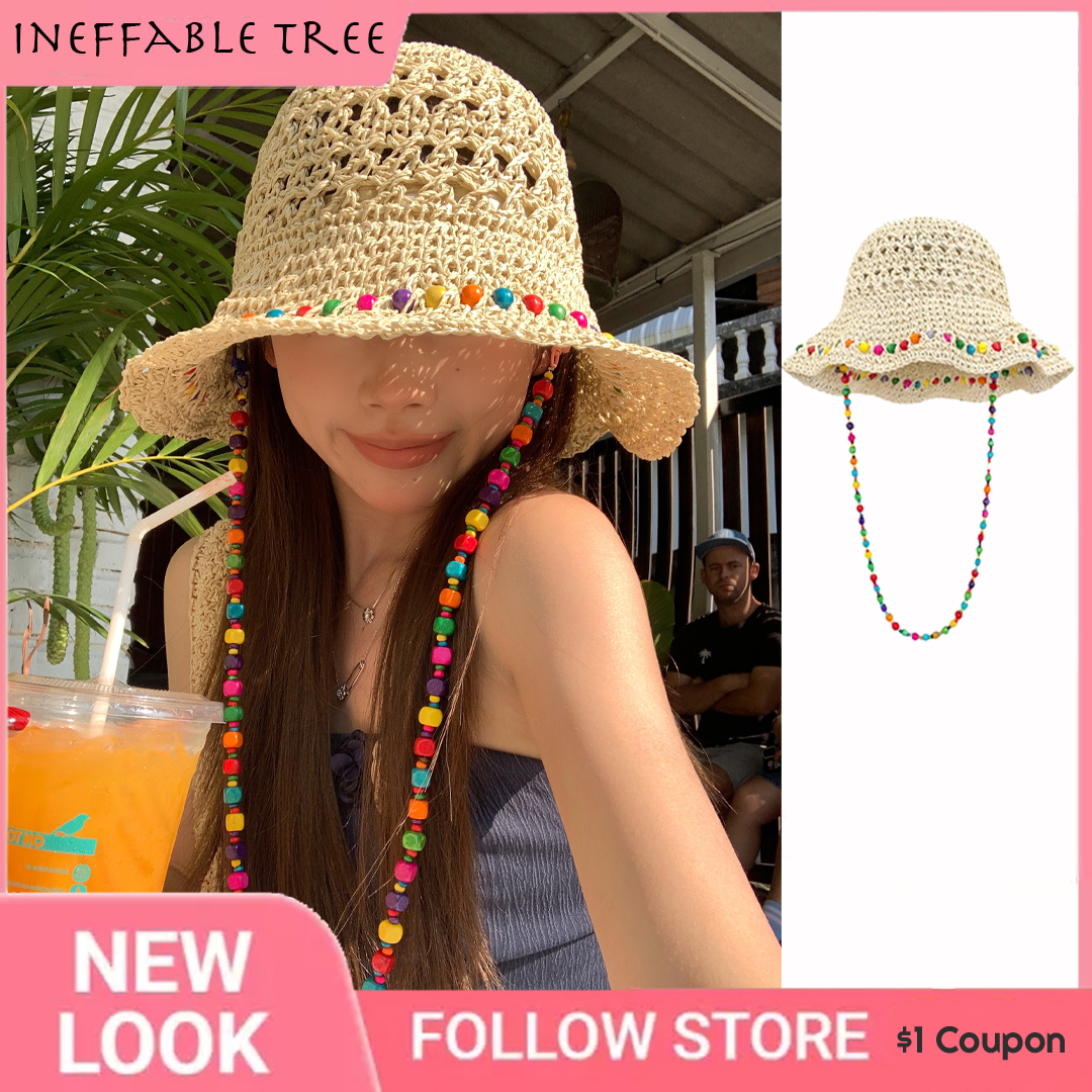 Retro gewebte Damen-Sonnencreme, Regenbogen-Kettenkappe, Sommer, japanischer Strohhut, schützend, atmungsaktiv, hohl, große Krempe, Strand-Sombrero