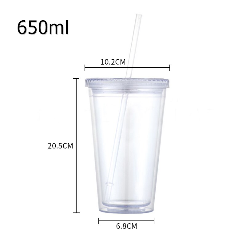 160oz mælketumbler med kuppelåg dobbeltvægs plastikdrikkekopper med halm, der kan genanvendes, klar vandflaske gennemsigtig frugtekop: 650ml