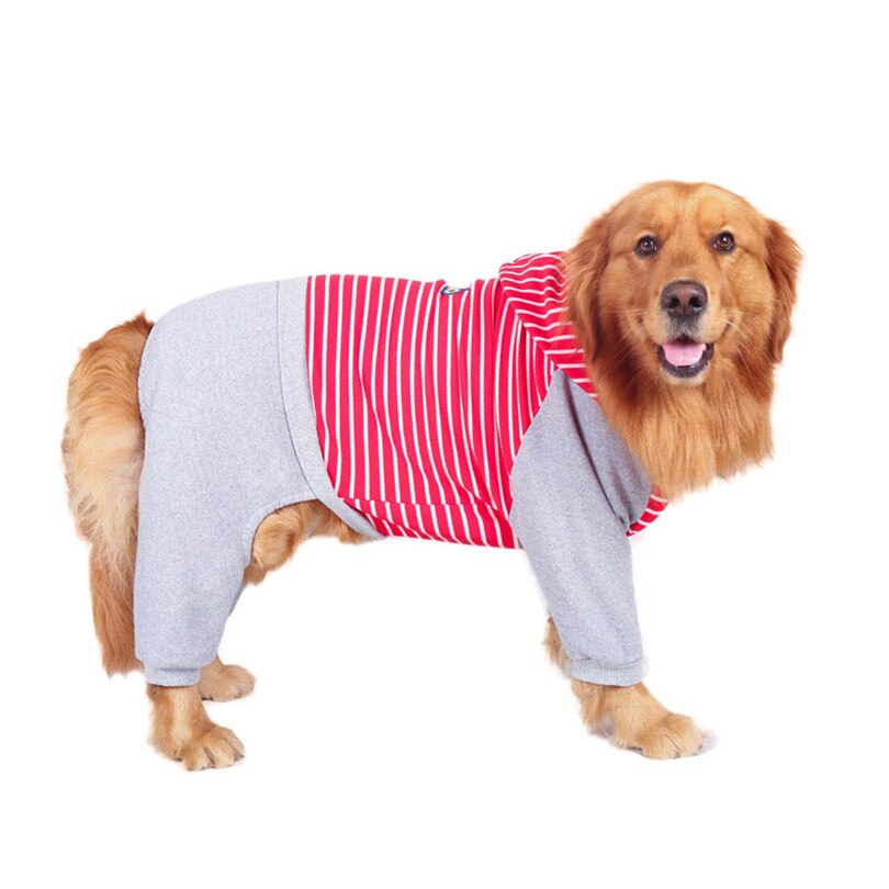 Cotton jumpsuit clothes for large dogs Coat Striped dog jumpsuit winter Four-legged hoodie Dogs Pajama Overalls big dog clothes: red jumpsuit / 30(bust 76cm)