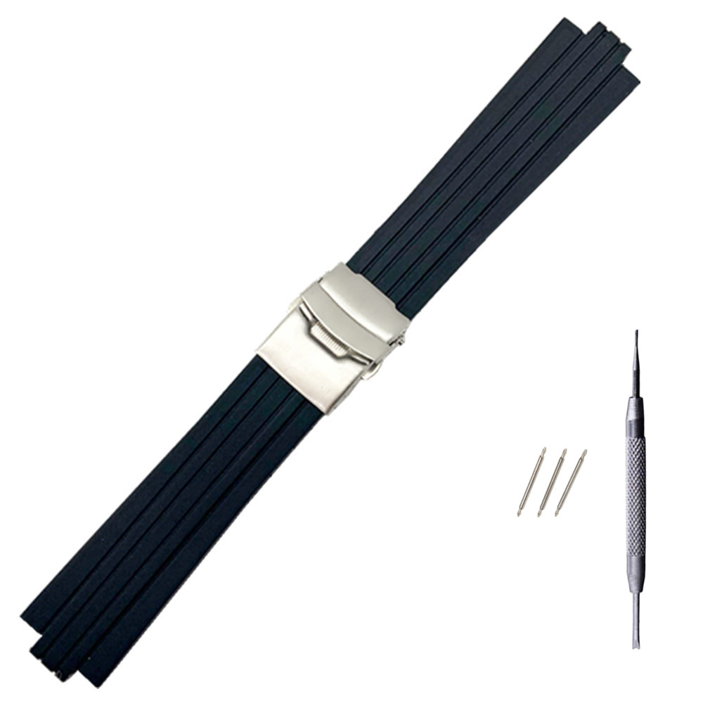 Silikone urrem til oris aquis urrem konveks rem rustfrit stål sikkerhedsspænde håndledsrem sort 24mm x 11mm