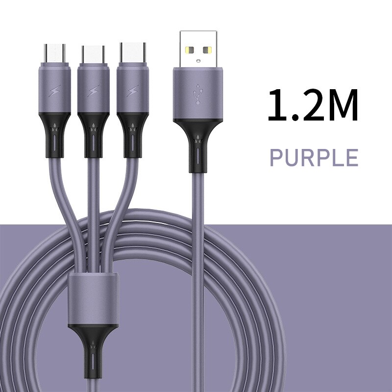 3 in1 2.4A USB Type C Fast Charging Data Cable One For Three Apply To Android Apple Type-C Smartphone 1.2m Nylon Braided Wire: B-PURPLE