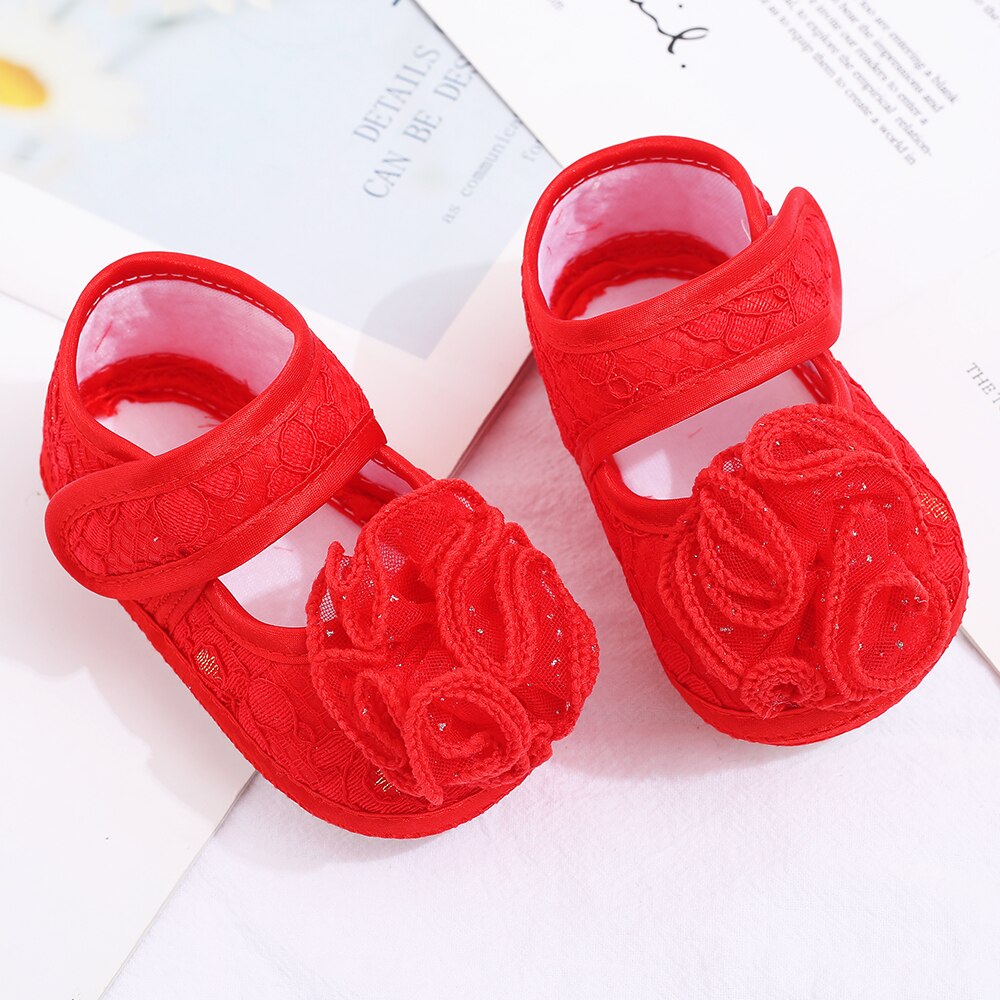 Bébé filles chaussures couleur unie princesse dentelle fleur chaussures semelle souple enfant en bas âge chaussures pour 0-1 an: Rouge / 12